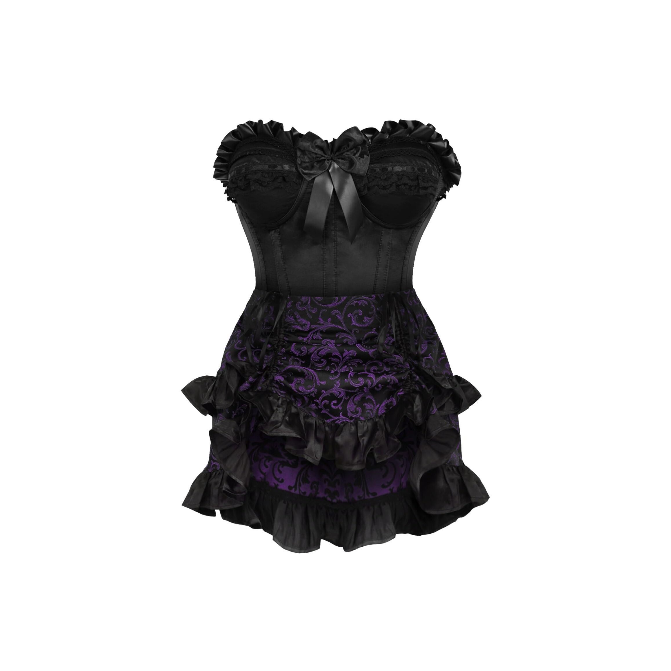 4885 Top Drawer 2 Pc Black Satin Steel Boned Burlesque Corset & Purple